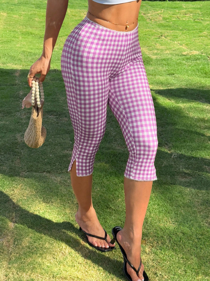 Women's Red Plaid Knit Stretch Leggings Casual Pants For Spring/Summer Style_ecoleips.com