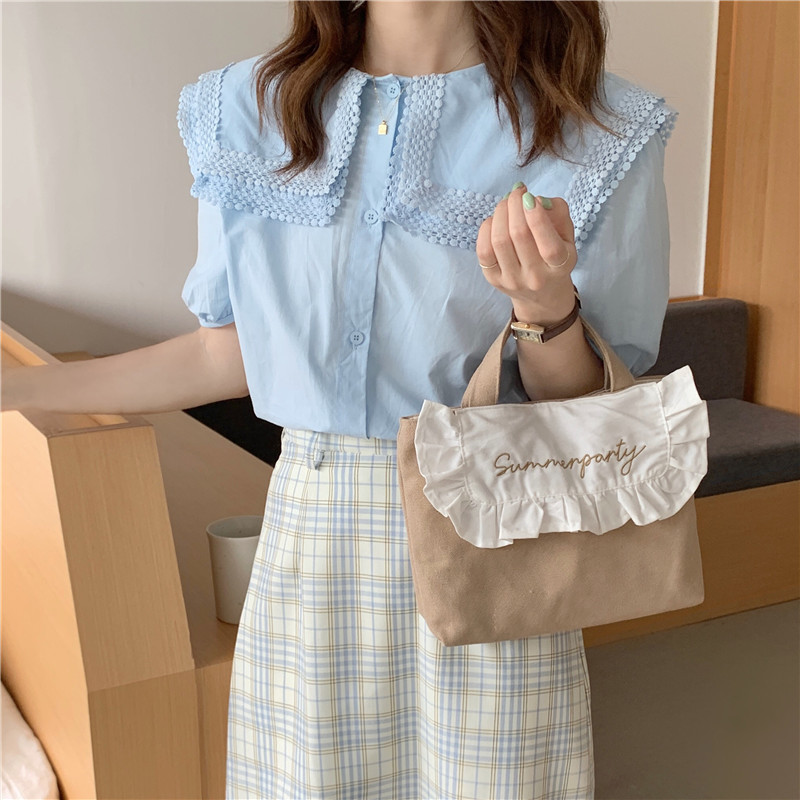 1441 Japanese and Korean chic Sweet ruffled bento Bag, Fresh embroidered hand-held small cloth bag, girl student bag wholesale undefined