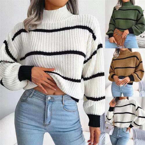New style sweater semi-high-neck pullover top European and American sweater women's outer wear stripes and contrasting colors, fashionable