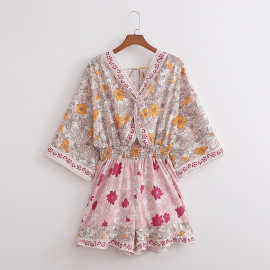 欧美外贸女装新款定位花交叉裹胸连体短裤  5313