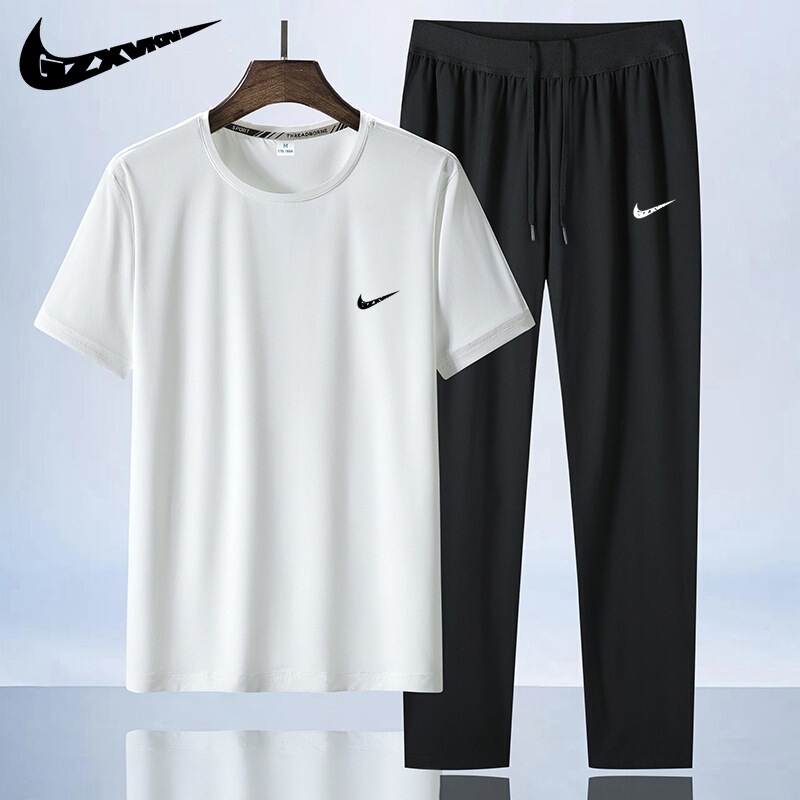 Men's 2024 Summer Sports Leisure Suit Men's Ice Silk Short-sleeved Trousers Running Fitness Basketball Suit Two-piece Set