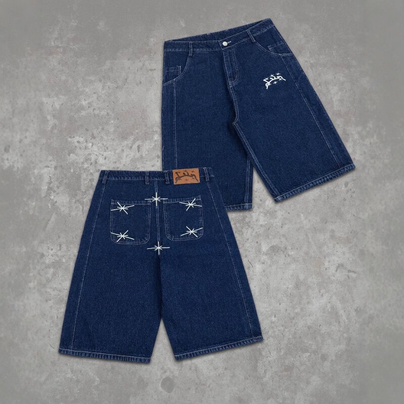 European and American New Style Graphic Embroidery Y2K Street Fashion Casual Loose Straight-Leg Denim Shorts