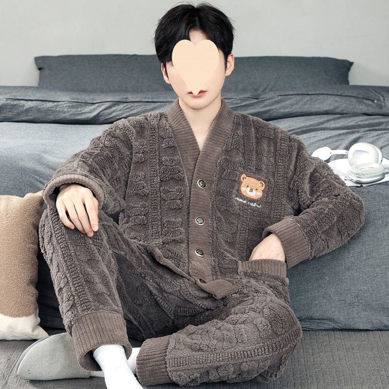 가을과 겨울 산호 양털 파자마 남성용 두꺼운 플란넬 세트 한국 긴팔 카디건 청소년 홈 의류 플러스 사이즈
