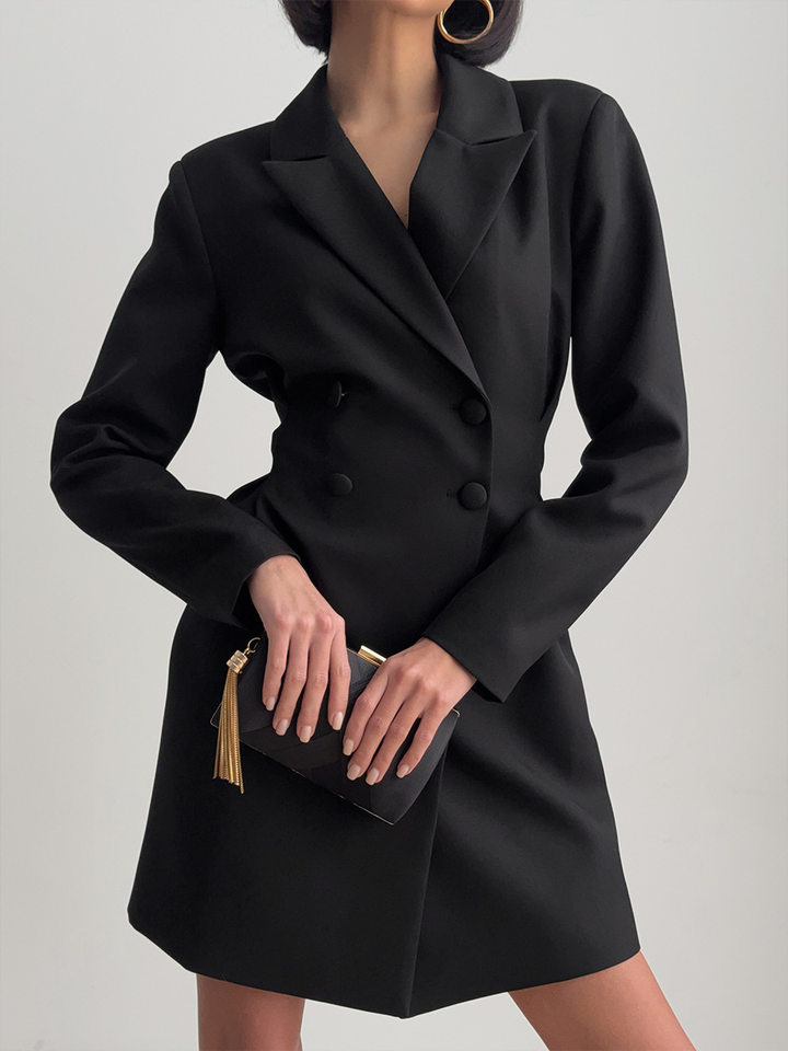 Đầm blazer nữ dáng chữ A cổ chữ V dài tay thắt eo cạp cao — Màu trắng, Màu đen chi tiết 19