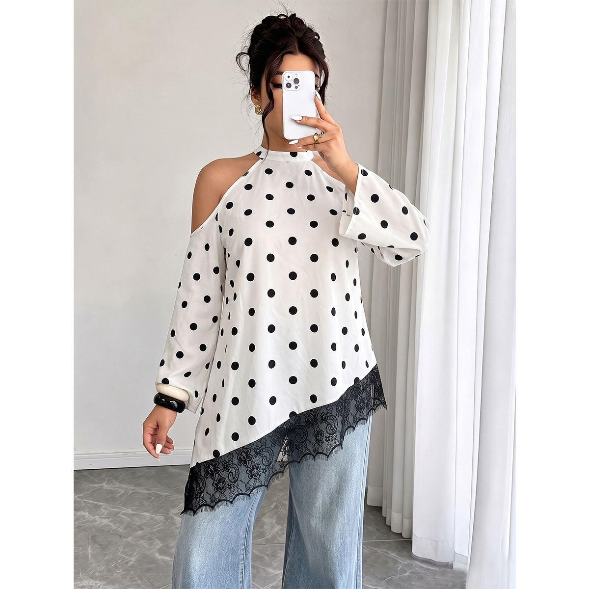 Plus-size women's polka dot off-shoulder halter top with irregular hem, lace, loose fit, slimming chiffon blouse