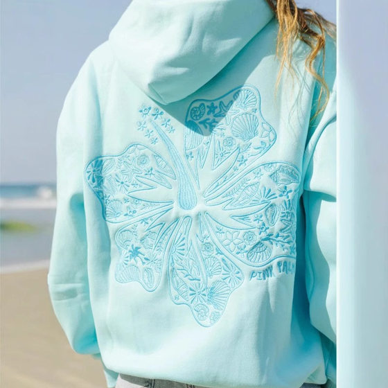 Professional embroidery cross-border European code shoulder sleeve hibiscus PINK PALM PUFF sweater hoodie a large number of in stock