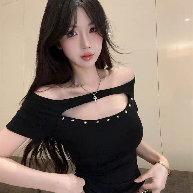 Korean Style Cut Out One-Shoulder Short-Sleeved T-Shirt for Women in Summer Pure Lust Sexy Off-Shoulder Sexy Slim Inner Short Top