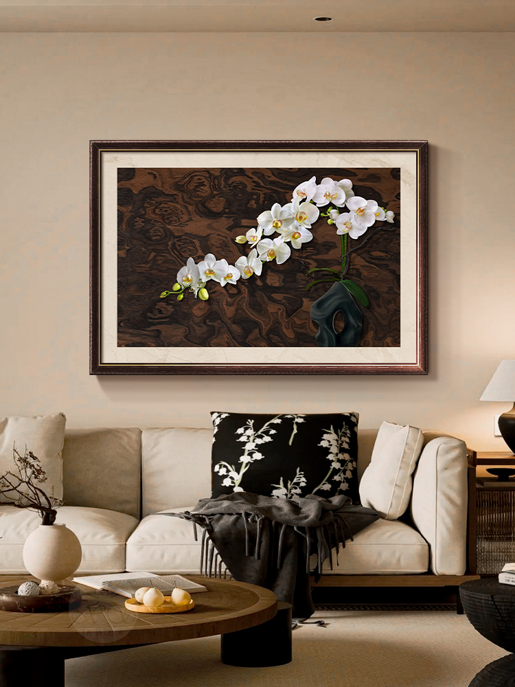蝴蝶兰花卉复古客厅装饰画中古艺术沙发背景墙挂画横版高级感壁画