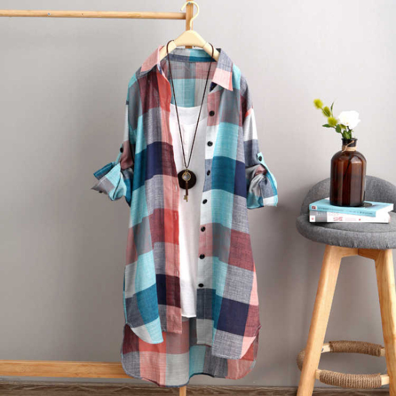 Long-Sleeved Shirt Jacket for Women, Spring and Autumn Thin Style, Mid-Length Sun Protection Top, Loose Design, Cotton and Linen Plaid Shirt Long-Sleeved Shirt Jacket for Women, Spring and Autumn Thin Style, Mid-Length Sun Protection Top, Loose Design, Cotton and Linen Plaid Shirt