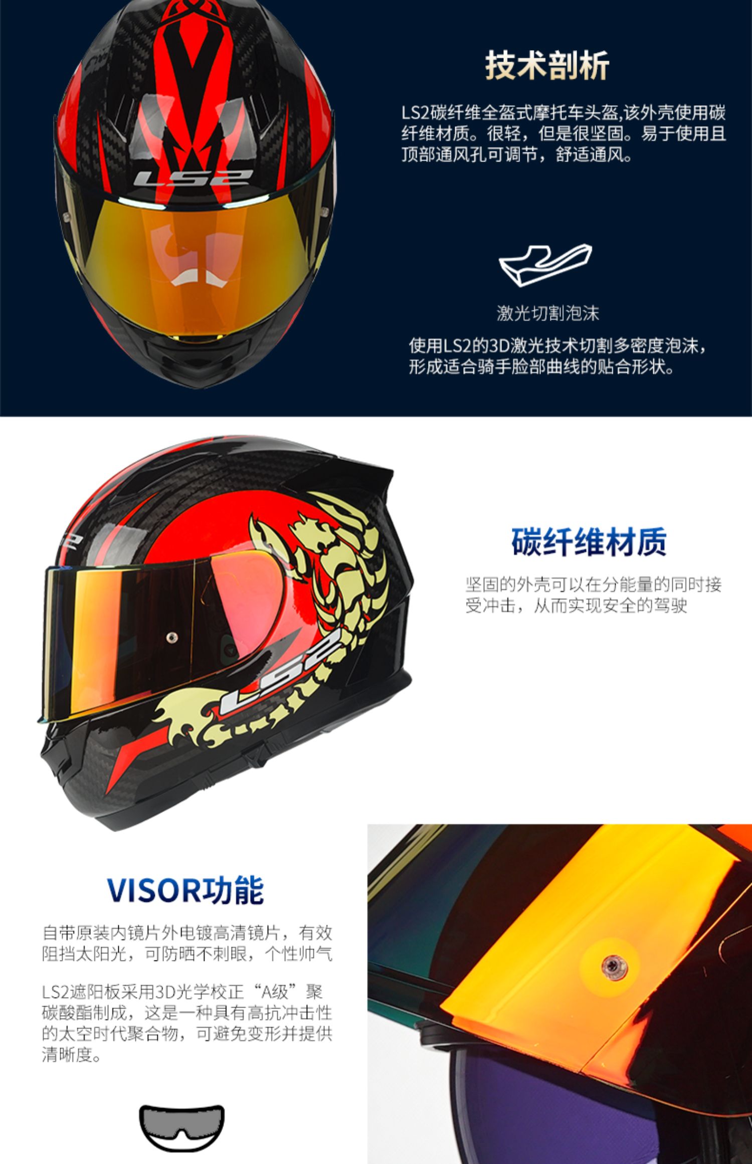 LS2 Carbon Fiber Motorcycle Helmet Full Face Dual Visor FF801