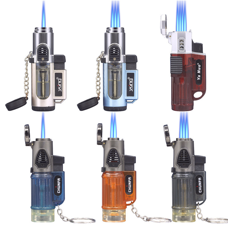 609-3 Transparent Round Machine Three Straight Cigar Lighter with Keychain Pendant Large Firepower Plastic Lighter
