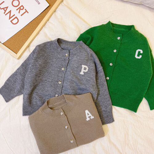 Cross-border Spring New Arrival Trend Brand Children's Alphabet Solid Color Knit Cardigan Boys' Casual Sweatshirt Outerwear