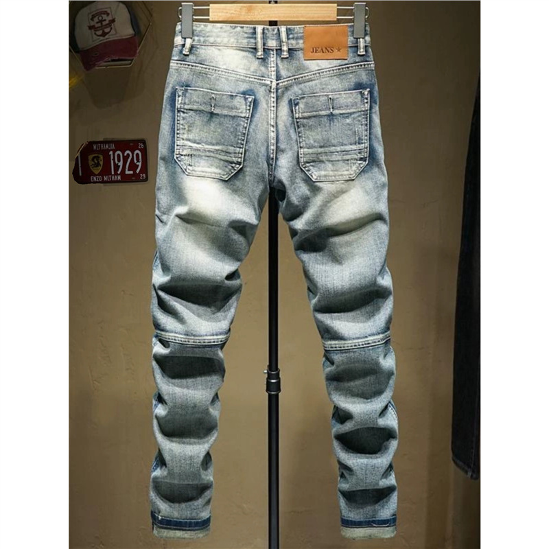 Abbigliamento maschile Jeans da motociclista retrò alla moda per uomo, Jeans skinny aderenti elasticizzati con patchwork effetto consumato, Pantaloni casual lavati in stile coreano._voghion.com