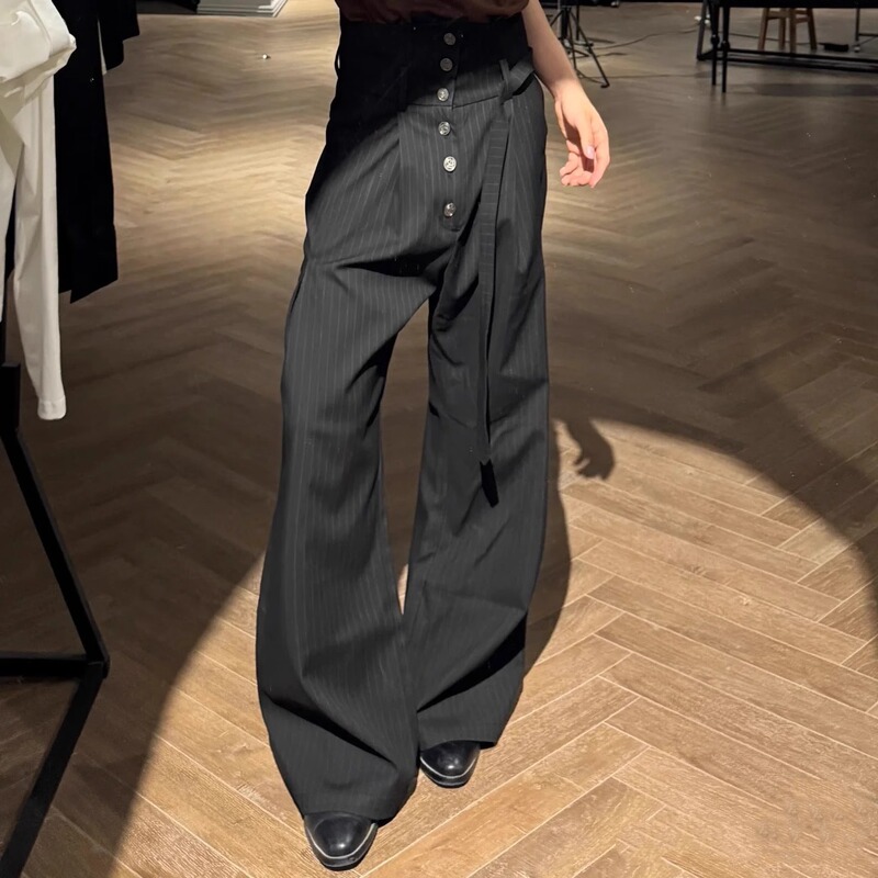 Cross-Border 2025 Pleated Embroidered Straight-Leg High-Waisted Striped Trousers with Kendo Ribbon Drape Casual Long Pants