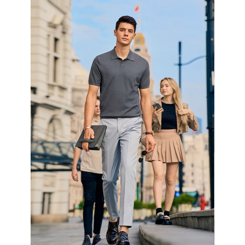 Polo de negocios de solapa suave y cerosa delicada y fresca para hombre, manga corta de punto de verano para hombre, cuello de gaviota para hombre, comercio exterior transfronterizo al por mayor