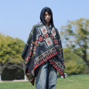 Ethnic Style Men's Hooded Cloak Shawl Women's Thickeneded Warm Xinjiang Xizang Lijiang Travel Photo Outer Cloak