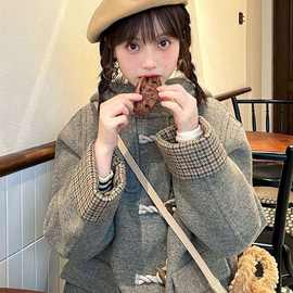 灰色牛角扣连帽呢子大衣女秋冬新款常规款小众小个子加厚毛呢外套