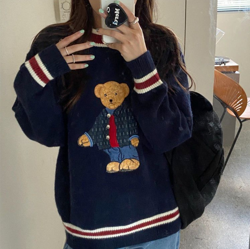 Korean-style fleece-lined Bear Sweater Y2K Academic-style Pullover Loose Lazy-style Sweater Cross-border Autumn and Winter New Arrival