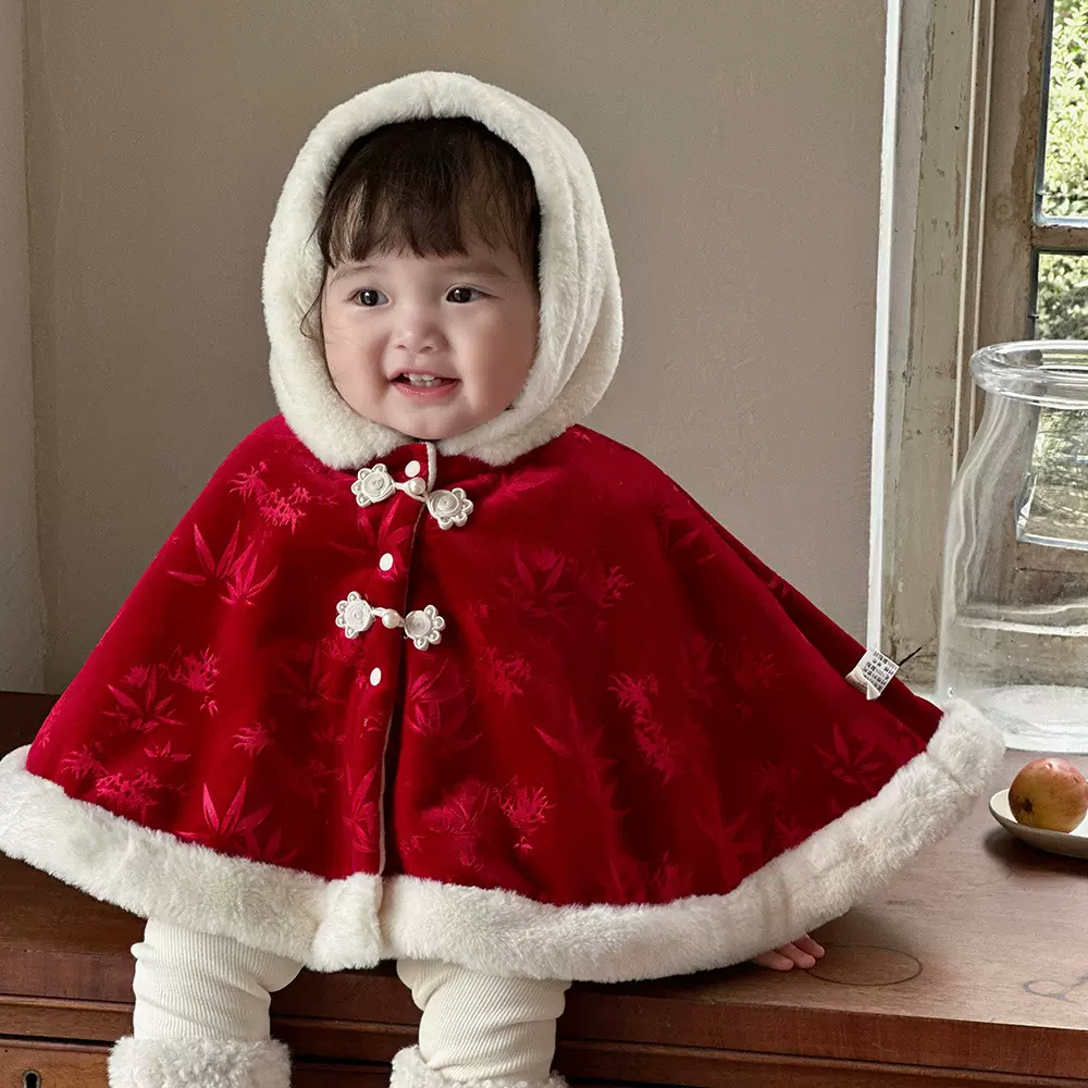 新中式婴儿披风斗篷加绒保暖0-2岁女宝宝防风外套中国风可爱披肩1