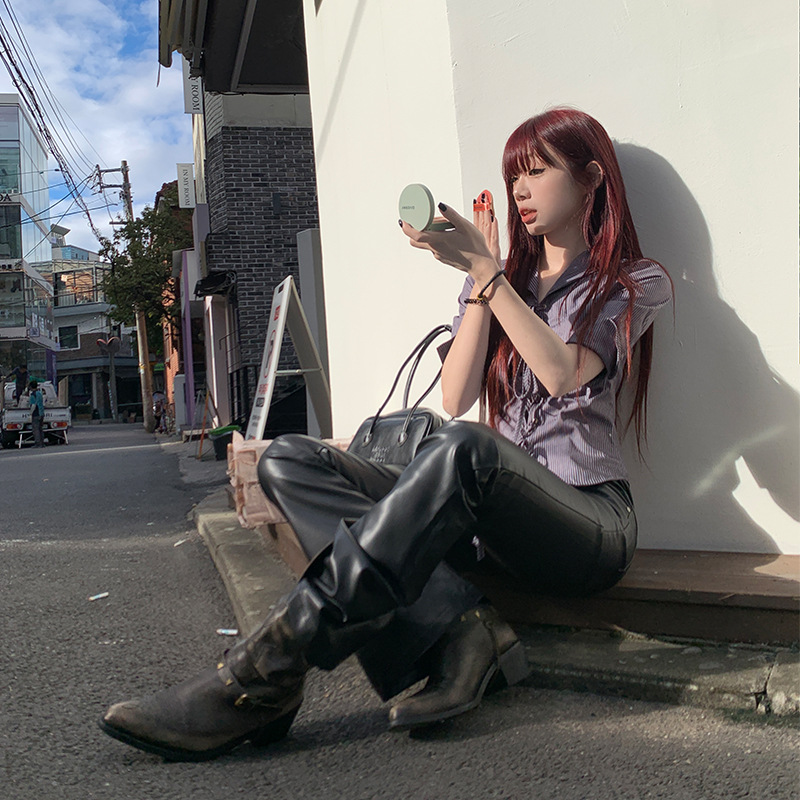 MINGHAI 2024 유행 자매 맛 모든 경기 폭발 가죽 바지 하이 엔드 캐주얼 다채로운 단일 제품 가죽 플라 바지