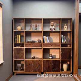 侘寂风老榆木博古架客厅落地置物架古董陈列架茶室茶杯整墙展示架