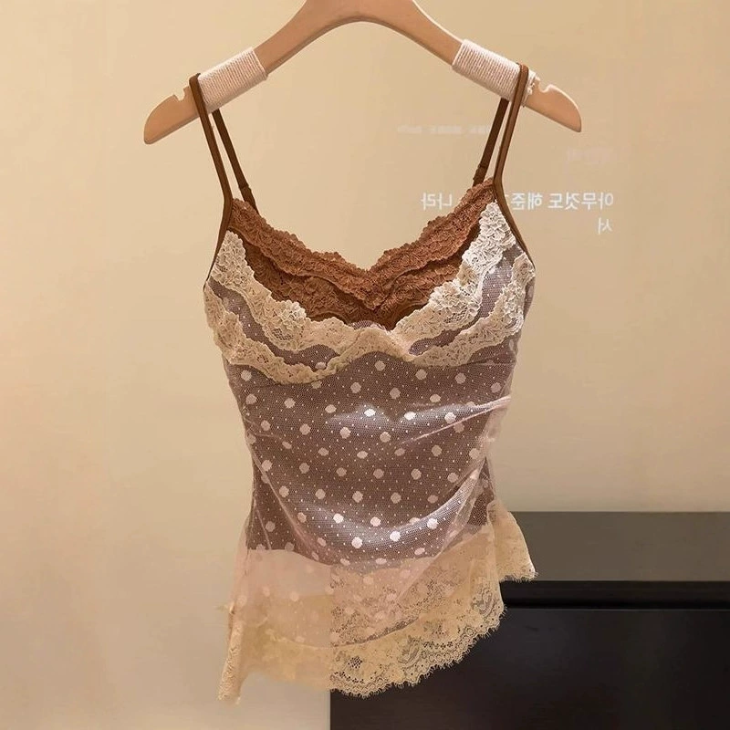 Ретро кружевное платье в горошек, имитация двухслойного кружева, женский летний топ без рукавов, сексуальный топ с внутренней подкладкой