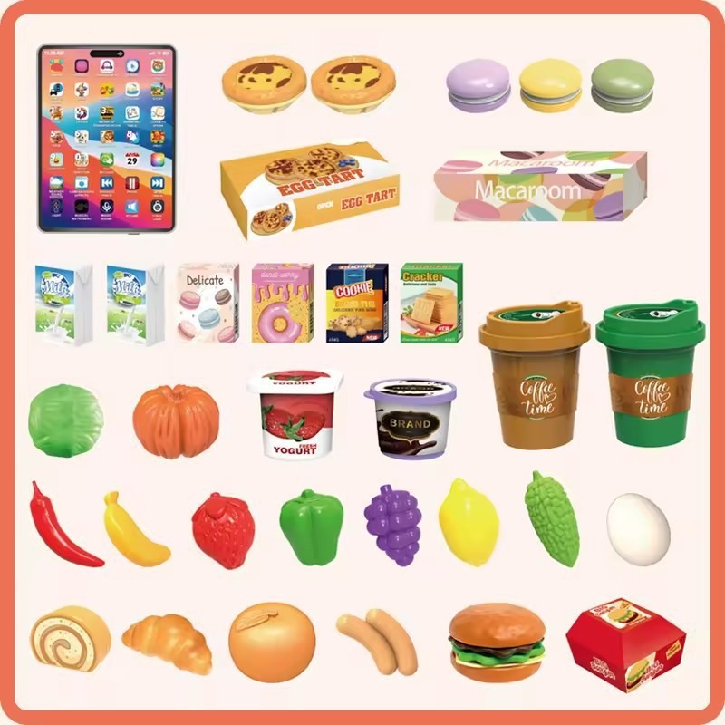 Comercio exterior infantil simulación de supermercado de doble capa de frutas y verduras carro de compras plano a través del juego de juguetes de supermercado