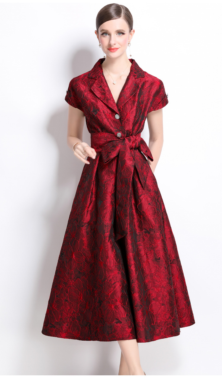 Đầm maxi nữ thắt eo kiểu Pháp tay ngắn cổ bẻ jacquard thanh lịch mùa hè 2025 — Màu xanh lam, Màu tím, Màu hồng, Màu đỏ chi tiết 8