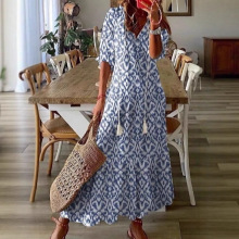 2025欧美跨境V领印花吊须中袖长款连衣裙热卖休闲甜美宽松女 现货