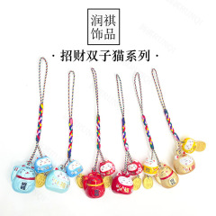 Double-headed Lucky Cat Water Bell Hanging Decoration Japanese Ceramic Twin Good Luck Bell Pendant Royal Guard Lucky Cat Copper Bell