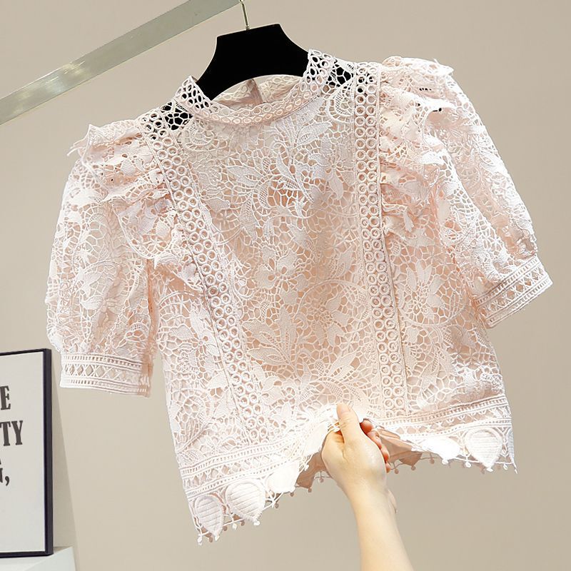 Vintage Puff Sleeve Sweet Pleated Ear Edge Stitching Crochet Hollow Exquisite Water-soluble Lace Collar Short Shirt