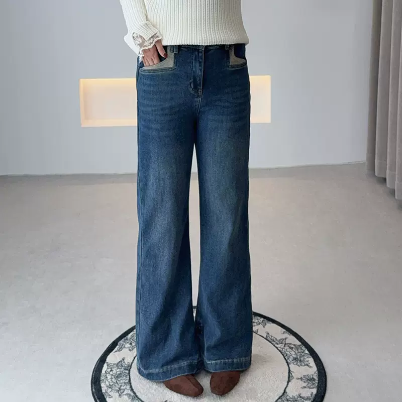 双天2025冬季新款大码胖mm女装脚口开叉微喇休闲加绒牛仔裤YC355