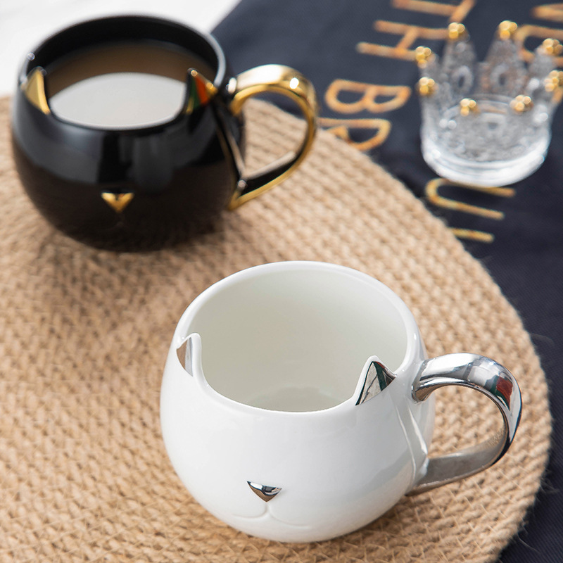 3D猫耳朵陶瓷马克杯欧式创意猫咪杯黑白猫咪情侣杯定制LOGO礼品杯