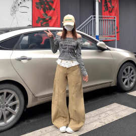 蕾丝花边拼接牛仔裤女2025夏季新款高腰显瘦时尚百搭设计感长裤子