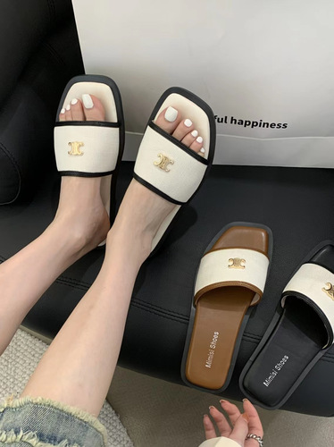 French-style Crochet One-Piece Slides for Women - Summer , Toe-Exposed Square-Toe Color-Matched Outerwear Sandals - Versatile Flat Slippers