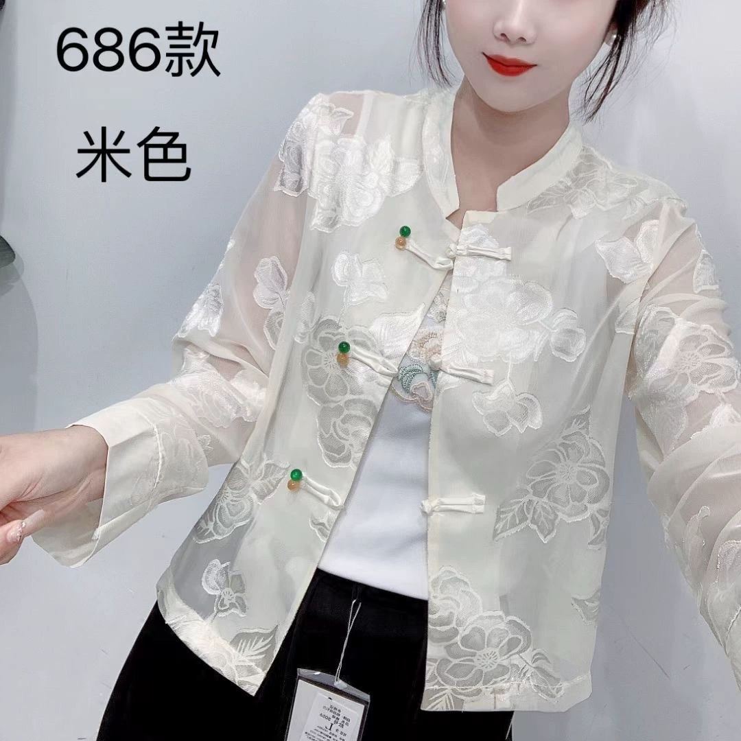 Новый китайский стиль ретро 2024 темперамент весна, лето, лето, новая жаккардовая рубашка топ солнцезащитный крем с длинными рукавами