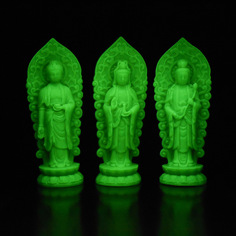 夜光石觀音佛福祿壽財神擺件發光石工藝品家居飾品熒光石龍柱麒麟