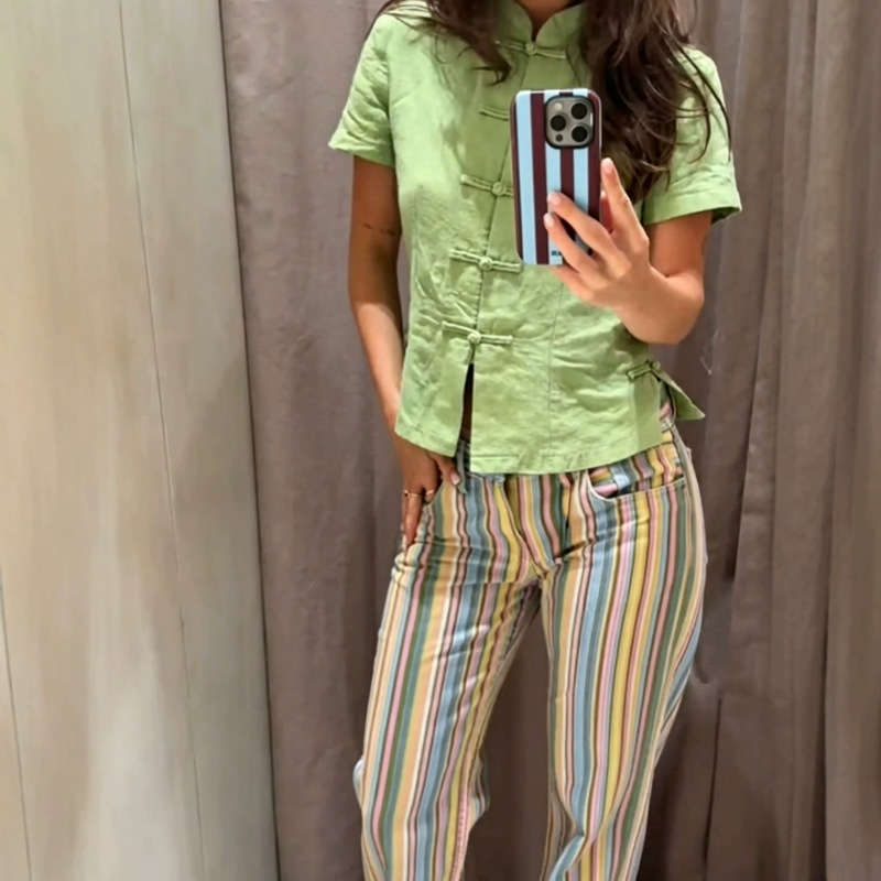 Za European and American Ra Cross-Border Foreign Trade Wholesale Colorful Striped Jeans for Women Low-Waist Straight-Leg Jeans Long Pants for Women