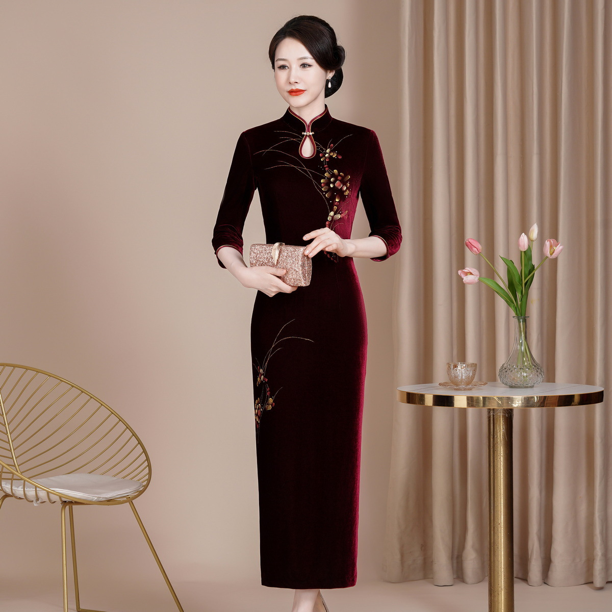 Hong Yun Embroidered New Slim-Fit Improved Velvet Cheongsam Dress plus size Hi Mother Wedding Dress Long Hi Mother-in-law New Style