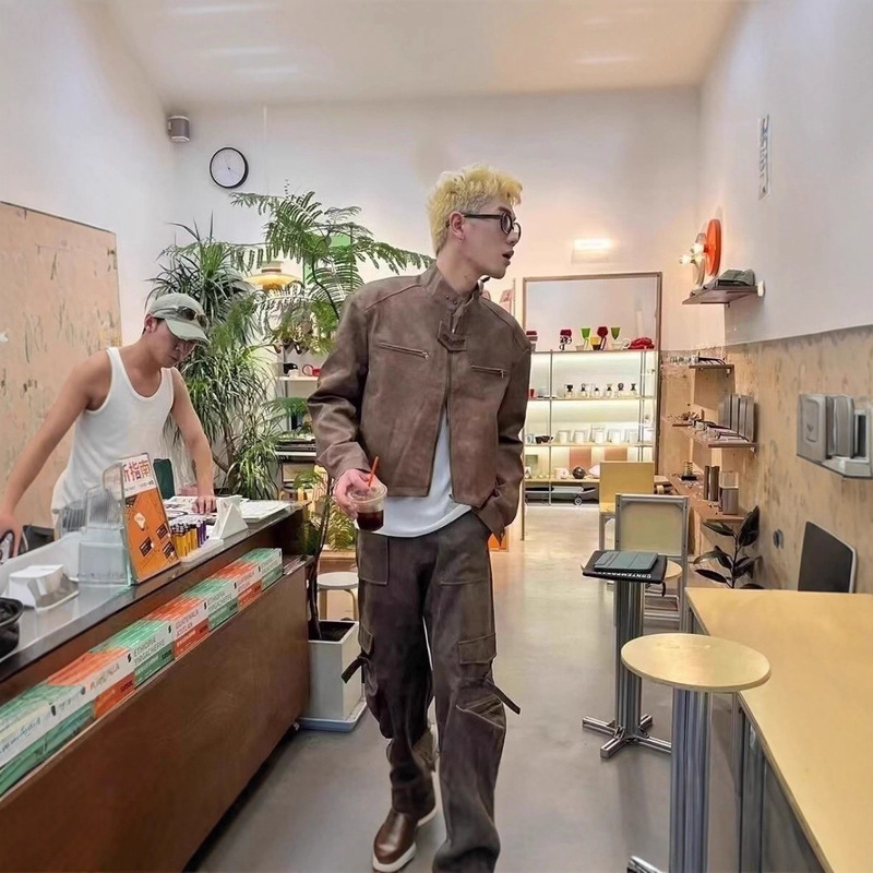 Cleanfit Short Leather Jacket with Shoulder Pads Maillard Wear Brown Coffee American Retro Bomber Jacket