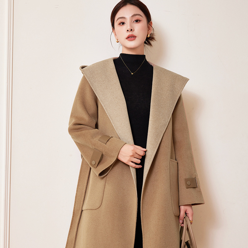 [本初]加工定制慵懒廓版中长款连帽双面羊绒大衣女设计感毛呢外套