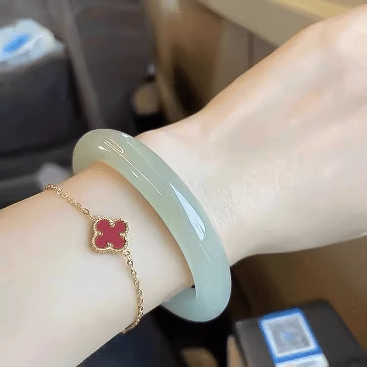 Natural Xinjiang Green and White Jade Bracelet for Women, Round and Thin Hetian Jade Clear Water Bracelet, Genuine Jewelry Jade