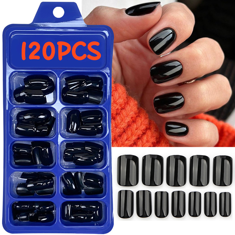 Cross-Border 120 Pieces of Black Short Square Manicure Pieces Removable Pure Color Fingernails Boxed Wearable Nails DIY Fake Nails Cross-Border 120 Pieces of Black Short Square Manicure Pieces Removable Pure Color Fingernails Boxed Wearable Nails DIY Fake Nails
