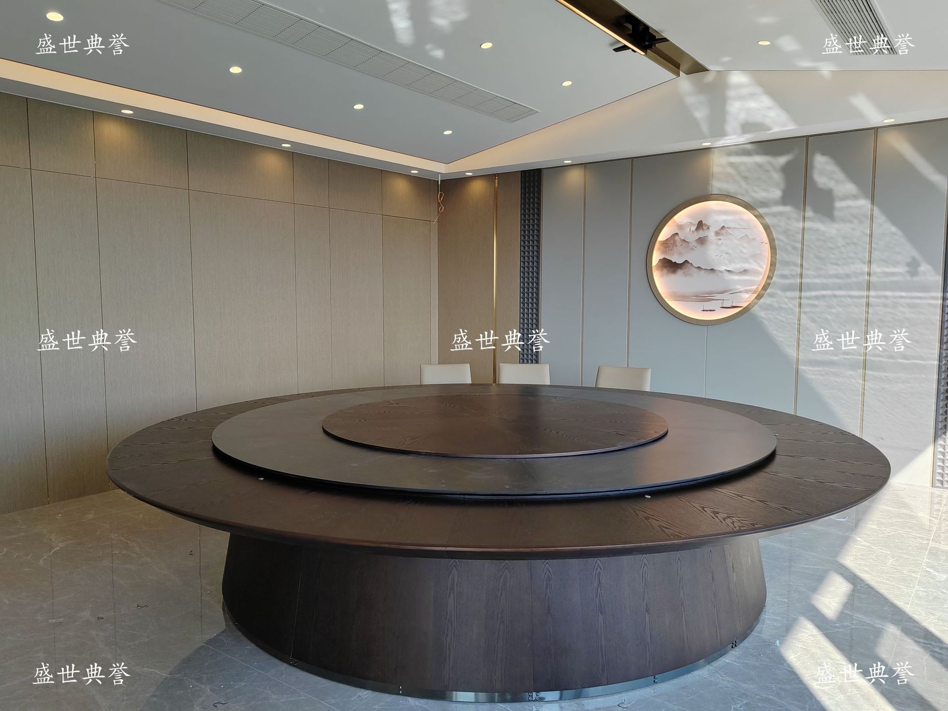 Zaozhuang hotel comedor muebles centro de convenciones caja de madera sólida mesa de comedor eléctrica silla club 20 personas mesa redonda eléctrica grande pic 7