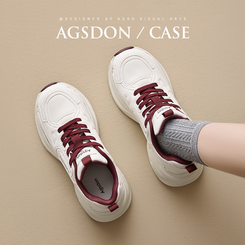 Augu Shi Deng zapatos de base gruesa para padres y mujeres 2025, nuevos zapatos de cuero de primavera y otoño pequeños zapatos deportivos blancos para estudiantes zapatos de carrera casuales