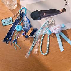 ins韓国ブルーロープデニム織りパールストライプラブペンダント携帯電話バッグキーペンダントに適しています