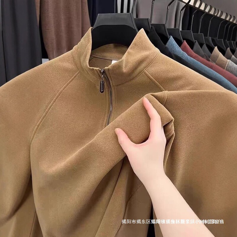 Men's Long-Sleeve T-Shirt with Thermal Fleece, Autumn Fleece Sweatshirt with Half-Zip, Fashionable Solid Color, Affordable Top, Base Layer, Autumn Clothing