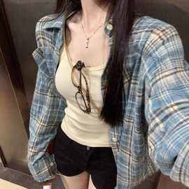 法式蓝色格子磨毛长袖衬衫女春秋宽松慵懒风休闲开衫衬衣百搭上衣
