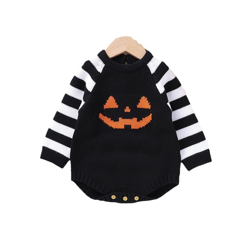 ins ホット販売春と秋の新しいスタイルの男性と女性のベビーニットハロウィンストライプジャカード三角形バッグロンパース|undefined