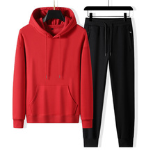 100%纯棉运动套装男春秋季连帽卫衣休闲卫裤两件套加绒加肥加大码